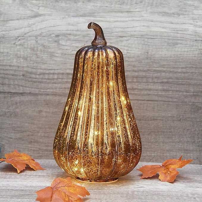 Mercury Glass Pumpkin Lights with Timer, Battery Operated Led Pumpkin Lights for Halloween Fall,Thanksgiving Rustic Decor (Coffee Common, 11")