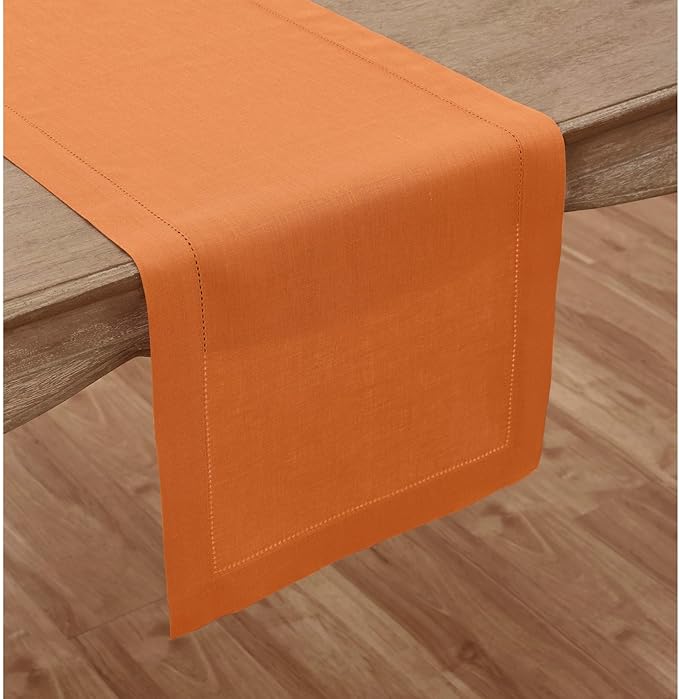 Solino Home Linen Pumpkin Table Runner 120 Inches Long - 100% Pure Linen Hemstitch 14 x 120 Inch Table Runner for Dining, Fall, Autumn, Halloween, Thanksgiving, Holiday - Classic Hemstitch