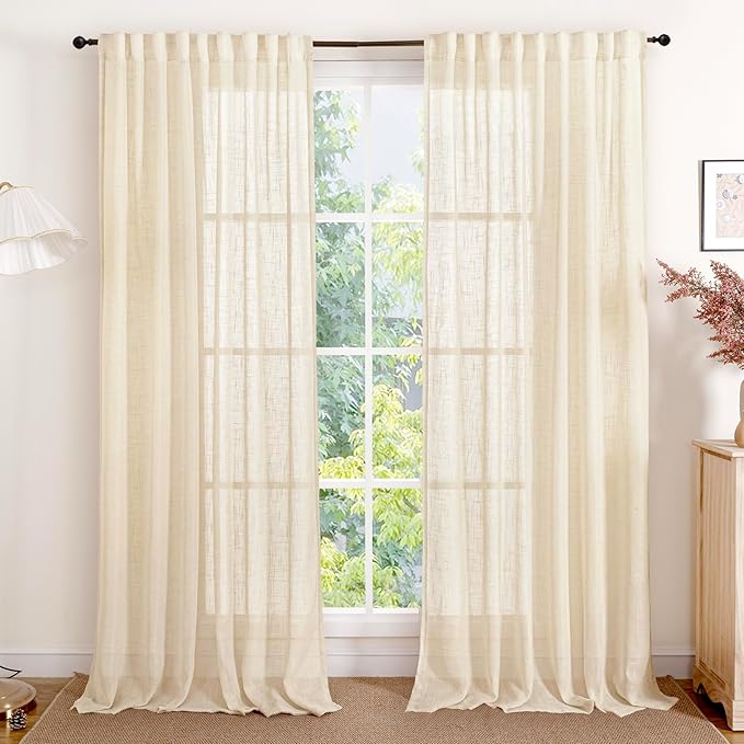 YoungsTex Beige Linen Semi Sheer Curtains 84 Inch Length for Living Room, Cream Window Treatments Light Filtering Textured Drapes with Rod Pocket Back Tab for Bedroom Dining, 2 Panels, 52 X 84 Inch