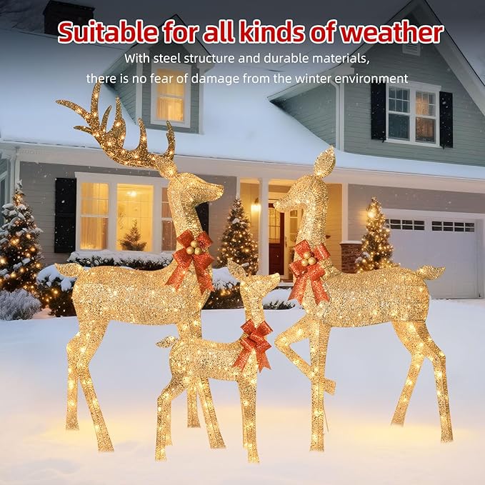 HOYECHI 6.5 FT Oversized Christmas Decorations Outdoor Lighted Reindeer β 3-Piece 3D Deer Family Set with 340 Warm White LED Lights for Yard, Lawn, Garden & Porch Holiday Display - Gold