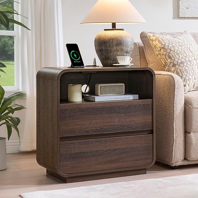 Modern Walnut Nightstand, 25" Tall Wooden Bedside Table with Charging Station, 2 Storage Drawers Side Table Curved Profile, Handleless, Large End Table Night Stand for Bedroom, Office