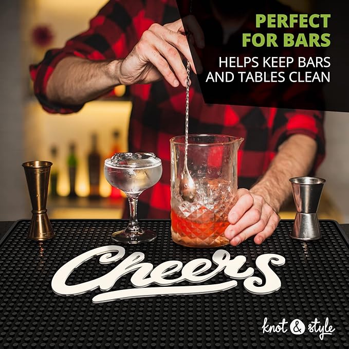 Premium Cheers Bar Mat for Home Bar - Large 18"x12" Rubber Bar Mats for Countertop - Non-Slip Bartender Mat - Drink Spill Mat for Bar Cart - Black Barmat for Cocktail Service