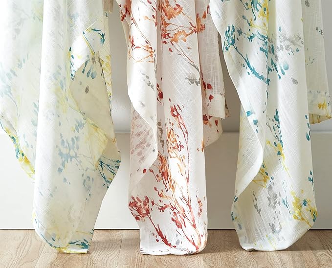 Branch Semi Sheers Curtains Living-Room 84inch Long Yellow Teal Watercolor Print Tree Curtain Drapes for Bedroom Linen Textured Look Privacy White Sheer Window Panels for Dining Grommet Top 2pcs