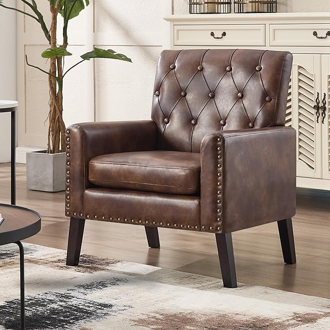 Mid Century Modern Accent Chair, Dark Brown Faux Leather Office Chair for Reception - Brown Leather Club Chair for Living Room, Bedroom, or Waiting Room