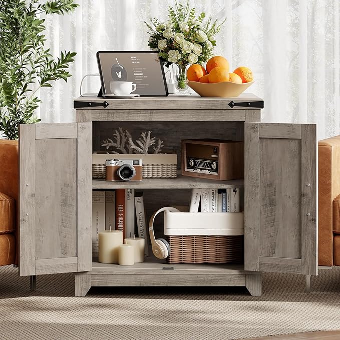 Farmhouse End Table Set of 2, Sofa Side Table with Charging Station and Adjustable Shelf, Wooden Nightstand for Living Room, Bedroom, Greige