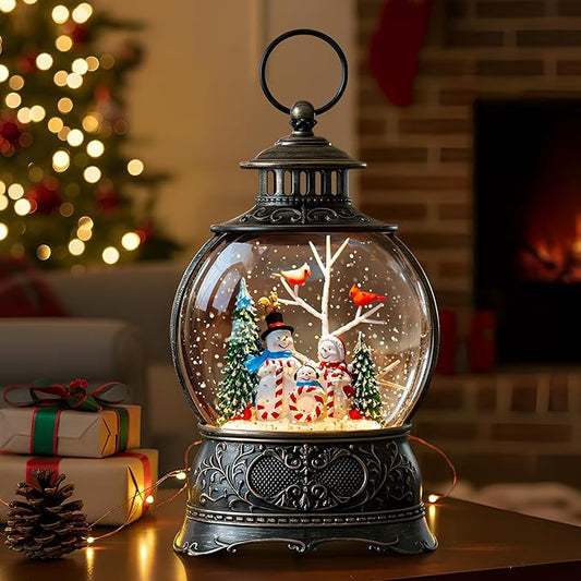 9.8" Christmas Snow Globe Water Lantern with Joy and Snowman Family Scene Battery Operated or USB Powered Musical Lighted Holiday Decoration for Tabletop Display for Family and Friends