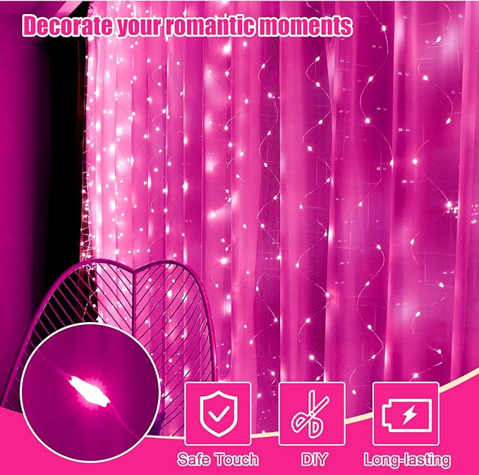 Pink Curtain Light for Bedroom, 300 LED 9.8ft x 9.8ft Window Fairy Curtain String Light with 16 Hooks, 8 Models Remote Control for Wedding Party Home Garden Indoor Decorations