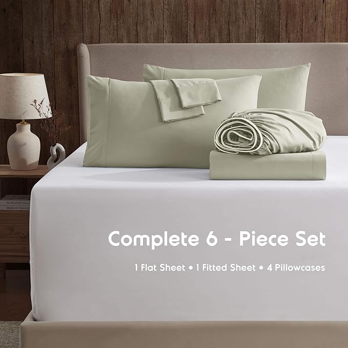 Nestl Extra Deep Full Sheet Set - 6 Piece Breathable & Cooling Sheets - Hotel Luxury Bedding Set w/18-24 Inch Deep Pockets - Easy & Secure Fit - Super Soft, Wrinkle Free & Comfy - Light Sage