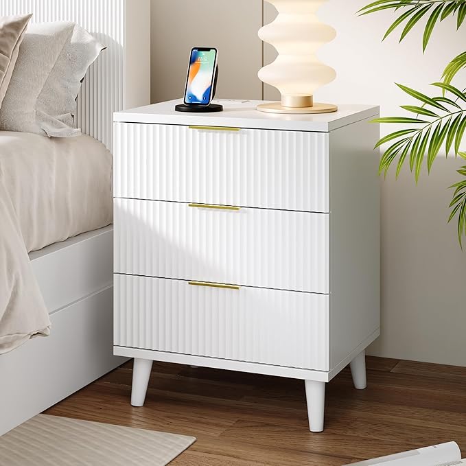 Fluted White Nightstand with USB Charging Station, 3-Drawer Dresser Wood Modern Night Stand Bedside Table with Quiet Drawers & Large Storage End Table for Bedroom