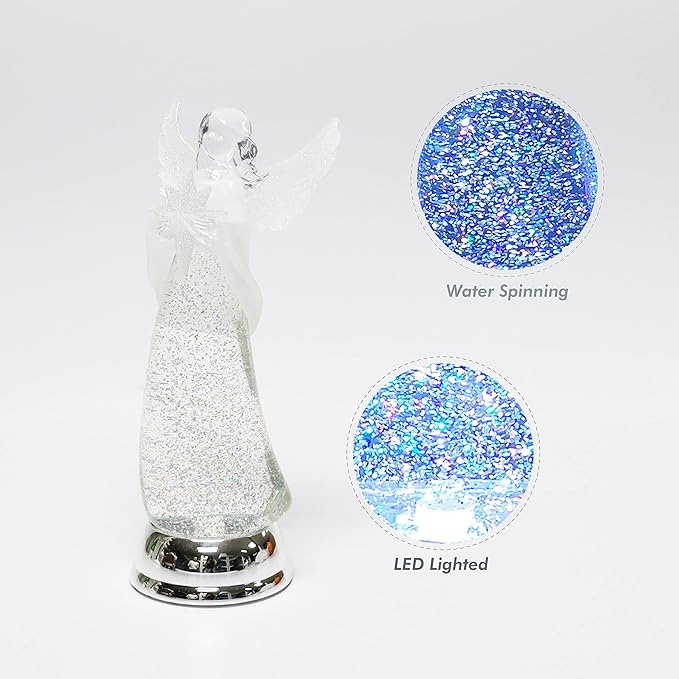 Christmas Tabletop Decor, Snow Globe Water Spinning LED Lighted Angel, Battery Operated (not Included) (12.8" H x 4.5" W x 4.5" D) by Moments in Time