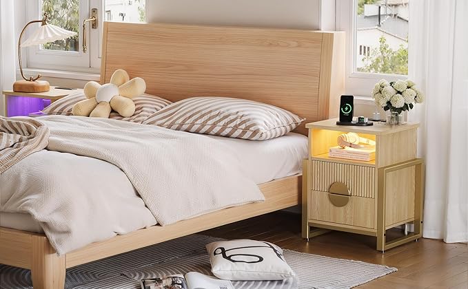 LGHM Set of 2 Large Fluted Nightstand with Charger Station Lights,20.47" W Night Stand with 2 Drawers, Accent Bedside Table and End Table,Semicylinder Drawer Front,Stable Raising Legs,Natural Oak