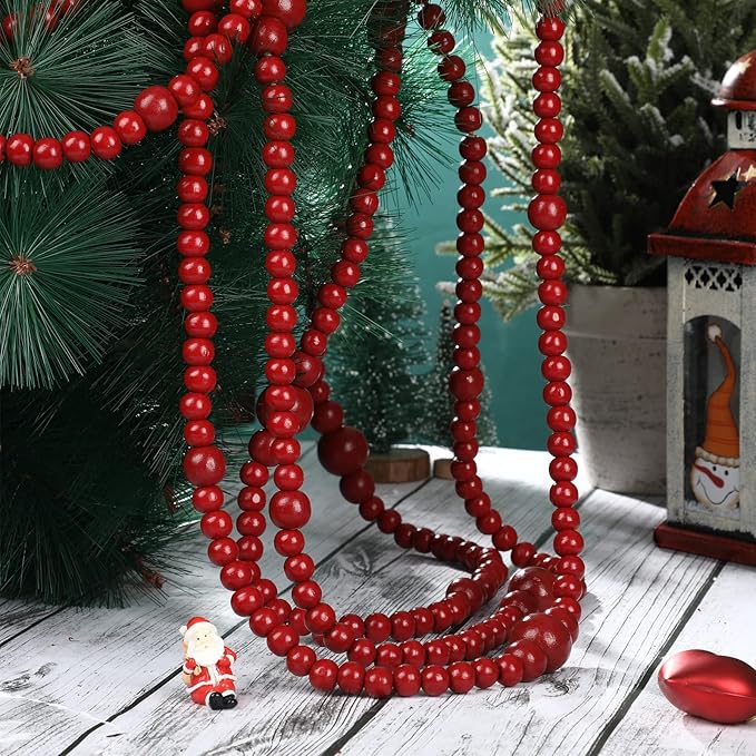 12 Feet Christmas Wooden Beads Garland Round Craft Farmhouse Vintage Wood Bead Garlands for Xmas Decoration Supplies(Dark Red)