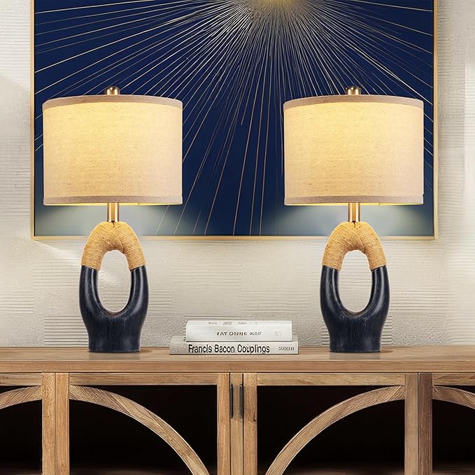 Set of 2 Boho Rattan Table Lamps,21" Farmhouse Rope Lamps for Bedroom Night Stands,Blue Bedside Lamps with Linen Shades for Living Room Coastal Beach Decor(Bulbs Not Included)