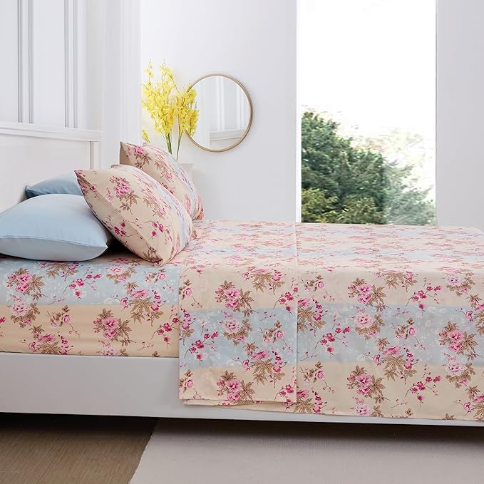 Twin Size Bed Sheets Set Deep Pockets - 6PC Floral Ultra Soft Microfiber Bed Sheets - Easy to Clean, 90 Thread Count Sheets with Fitted Sheet, Flat Sheet & Pillowcases (Beige Floral)