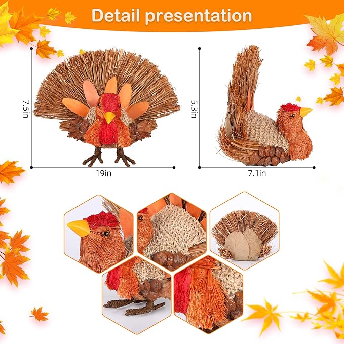 2PCS Thanksgiving Decorations Turkey, Thanksgiving Decorations for Table, Natural Material Turkey for Home Indoor Decor