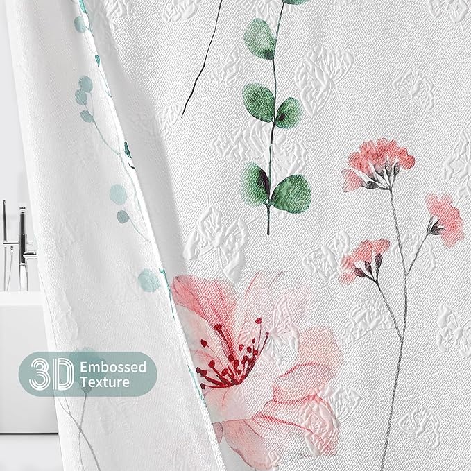 QiyI Watercolor Floral Shower Curtain, 3D Embossed Butterflies Sage Green Botanical Bathroom Curtain, Pink Flowers Cloth Bath Curtain, Waterproof Fabric Textured Shower Curtain Set with Hooks, 72x72
