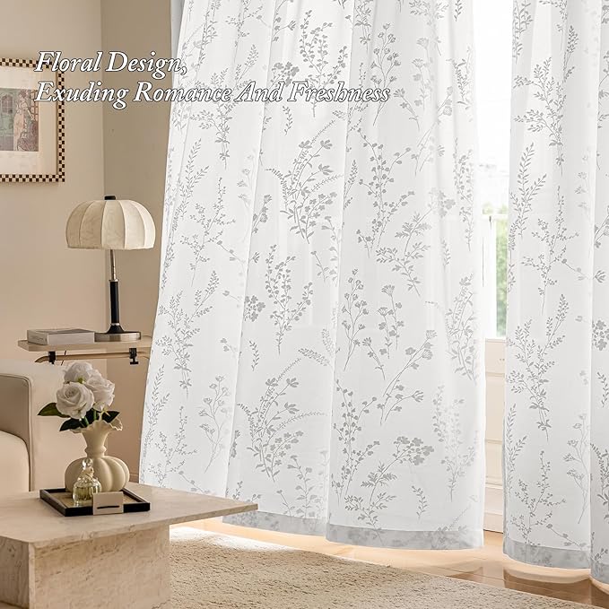 Anmao White Semi Sheer Light Filtering Extra Long Curtains 2 Panels, Flower Pattern Drapes for Living Room Bedroom, Rod Pocket Privacy Window Treatments with Floral Design, 52x108 Inch