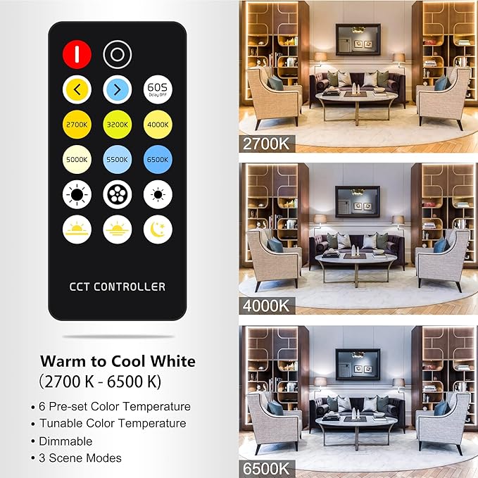 CCT COB LED Strip Lights, 6.56ft Dimmable 2700K-6500K 24V Tunable White LED Light Strip Kit, High Density CRI 90+ LED Strips with Remote Controller and Power Supply, for Bedroom Kitchen Home Lighting