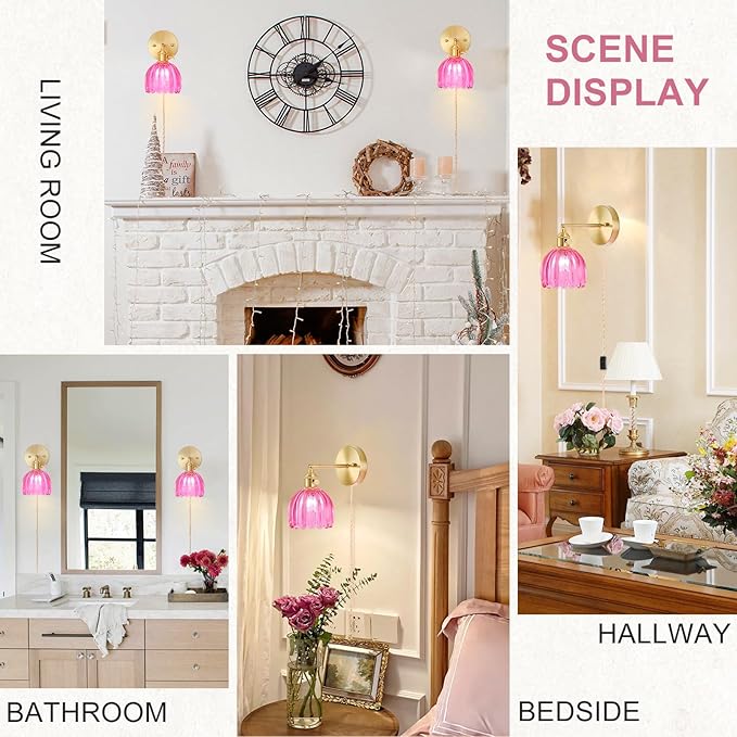 Plug in Wall Sconce, Vintage Sconce Light with Tulip Ruby Red Glass Lampshade, 180° Adjustable Wall Sconce with Switch and Plug in Wall Lamp Cord, Gold Wall Light for Bedroom Bedside