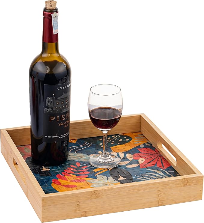 PEMAR 12.2" Square Bamboo Art Decor Tray with Handle, Food Drink Serving Tray for Breakfast Lap Bed Eating. Pattern Printed on Bamboo. Decorative Catchall Coffee Table Entryway Nightstand (Toucan)