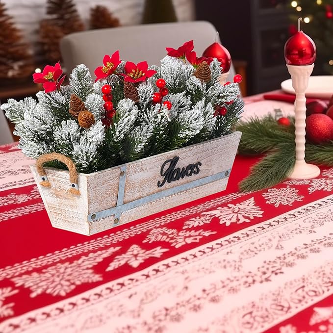 Artificial Christmas Centerpiece with Snowy Norfolk Pine Garland, Poinsettias, Berries & Pine Cones in Rustic Wood Planter – Holiday Table Decoration for Home, Kitchen, Office, or Mantel