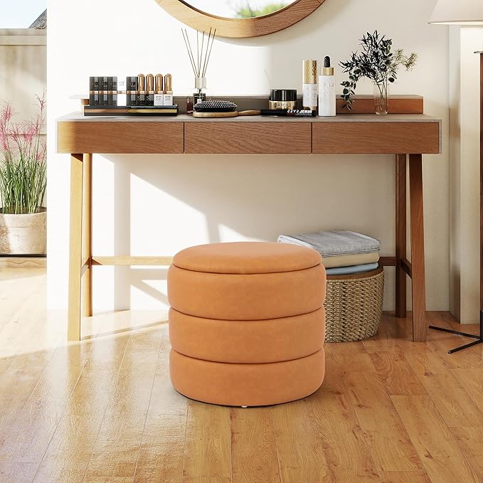 DAGONHIL Round Storage Ottoman PU Leather Footrest, Hidden Storage Ottoman Stool, Multi-Functional Coffee Table for Living Room, Bedroom, Entryway, Brown