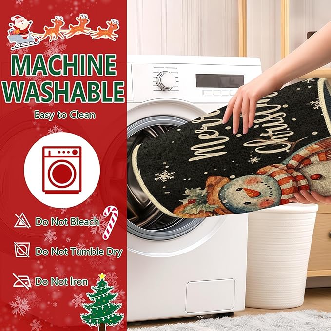 Christmas Snowflake Snowman Kitchen Rugs and Mats Non Skid Washable Set of 2, Xmas Kitchen Mats for Floor Decor