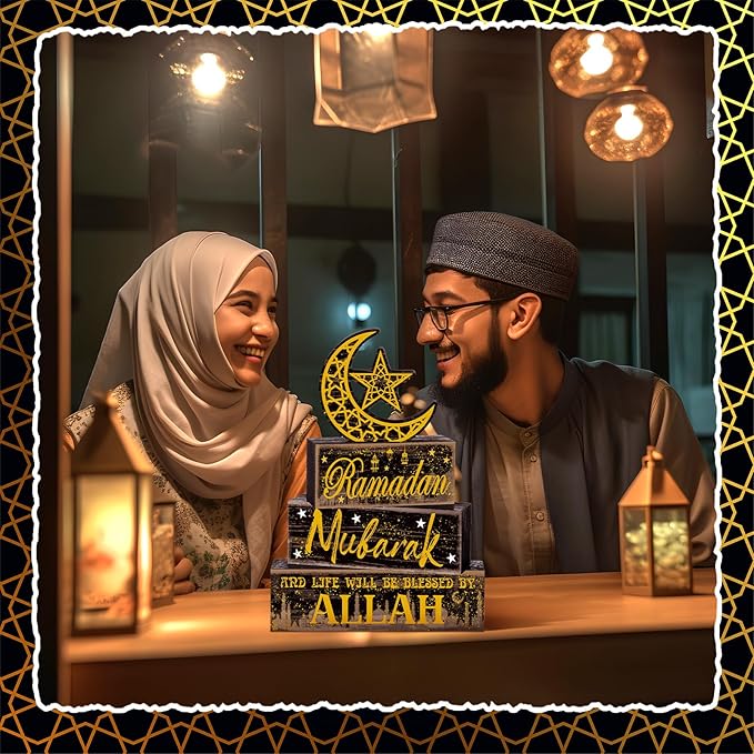 4 Pcs Ramadan Mubarak Table Decor Wooden Eid Mubarak Tabletop Signs for Home Black and Gold Muslim Islam Ramadan Mubarak Centerpiece for Islamic Gifts Kareem Home Table Decor