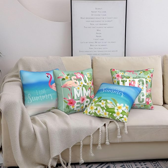 Summer Flamingo Decorative Throw Pillow Covers 18 x 18 Set of 4, Pink Bird Tropical Palm Leaves Flower Porch Patio Pillowcase, Beach and Blue Sky Pattern Cushion Case Decor
