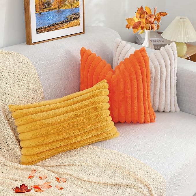 decorUhome Faux Fur Fall Throw Pillow Covers 22x22 Set of 2, Decorative Soft Plush Striped Neutral Couch Euro Pillow Covers with Velvet Back for Sofa, Bed, Living Room Home Decor, Orange