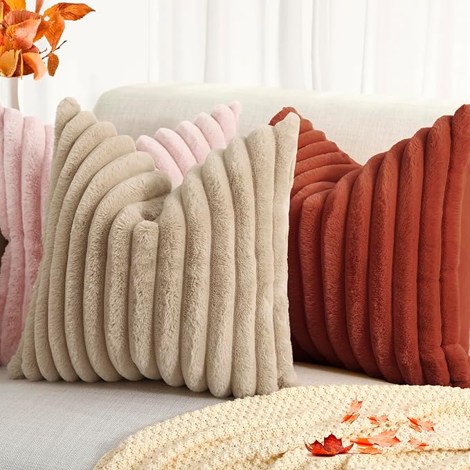 decorUhome Faux Fur Fall Throw Pillow Covers 12x20 Set of 2, Decorative Soft Plush Striped Lumbar Neutral Couch Euro Pillow Covers with Velvet Back for Sofa, Bed, Living Room Home Decor, Rust