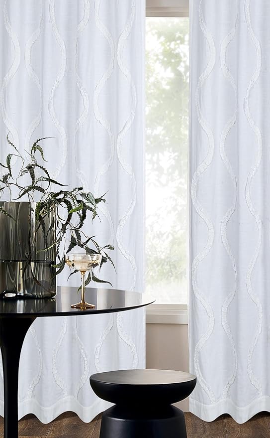 Bedding Craft White Cotton Farmhouse Tab Top Curtains Set of 2, 96" Long x 50" Wide, White 2 Panel Drapes Curtains,Frill Trim Semi Sheer Light Filtering Drapes, Pack of 2