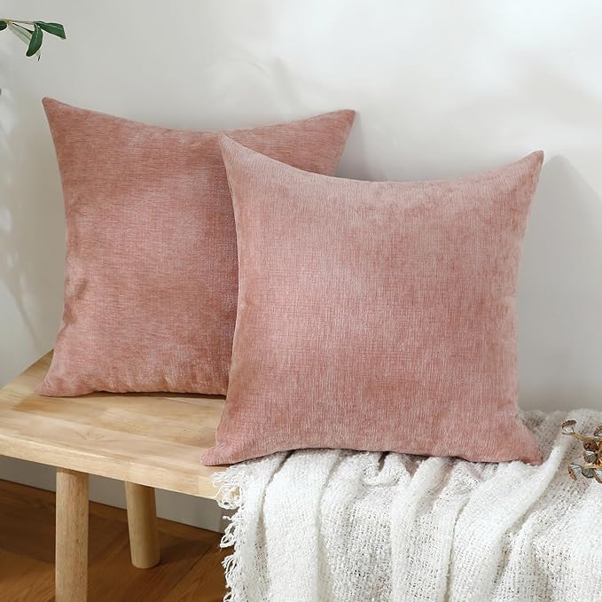 Jeneoo Blush Pink Decorative Throw Pillow Covers Soft Chenille Comfy Square Couch Cushion Cases for Living Room Sofa Decor (Set of 2, 18 x 18 Inches)