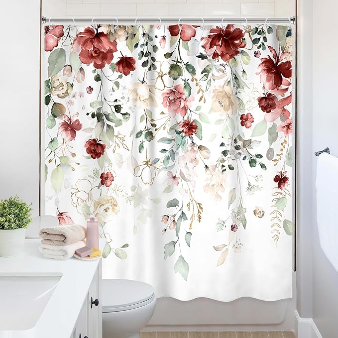 Red Floral Shower Curtain 72Wx72L Inch Burgundy Flower Rustic Watercolor Plant Green Eucalyptus Leaf Wildflower Botanical Bathroom Set Spring Pretty Bath Curtain Bathtub Accessories Home Decor