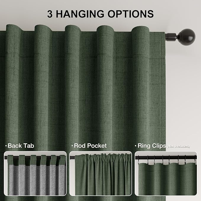 100% Blackout Curtains for Bedroom, Thermal Insulated Curtains 63 Inch Length Curtain 2 Panels, Luxury Soft Farmhouse Linen Textured Full Light Blocking Room Darkening Drapes, W52xL63, Olive