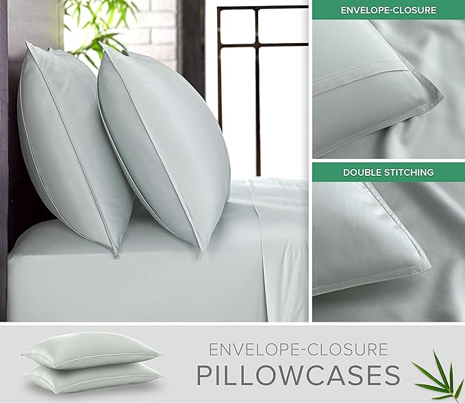Split King Sheets by Pure Bamboo, Genuine 100% Organic Viscose Derived from Bamboo Bed Sheet Set, Soft & Cooling, Double Stitching *Not for Split Top (Split King, Sea Glass)
