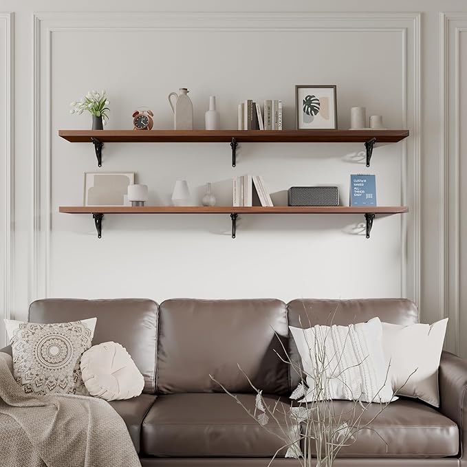 60 inch Long Floating Shelves for Wall,Solid Pine Wood Long Wall Shelves Set of 2,Walnut Color Bookshelf with Retro Iron Brackets for Living Room,Kitchen,Bathroom