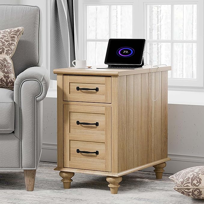 WAMPAT Set of 2 End Tables with Charging Station, Light Wood Sofa Side Table with Drawer & Storage Cabinet, Farmhouse Nightstand with Power Outlets & USB Ports for Living Room, Bedroom, Oak