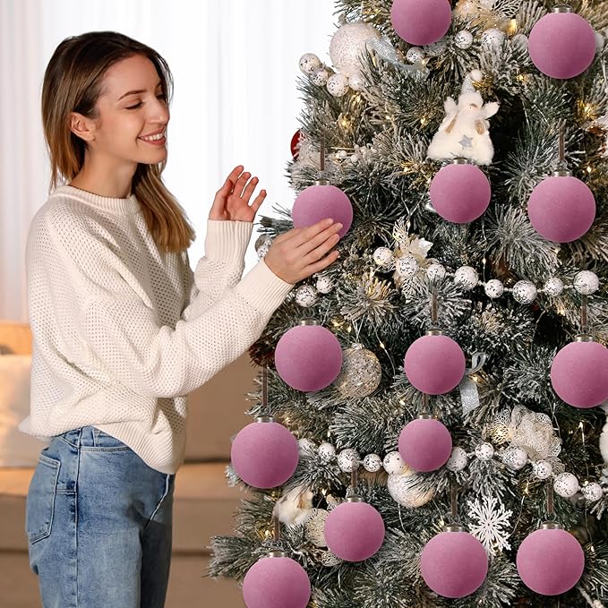 36 Pcs Velvet Christmas Balls Bulk - Flocked Christmas Tree Ball Ornaments Hanging Decoration for Xmas Tree, Wreath, Home or Party Decorations, 2.36", 2.76", 3.15"(Taro Purple)
