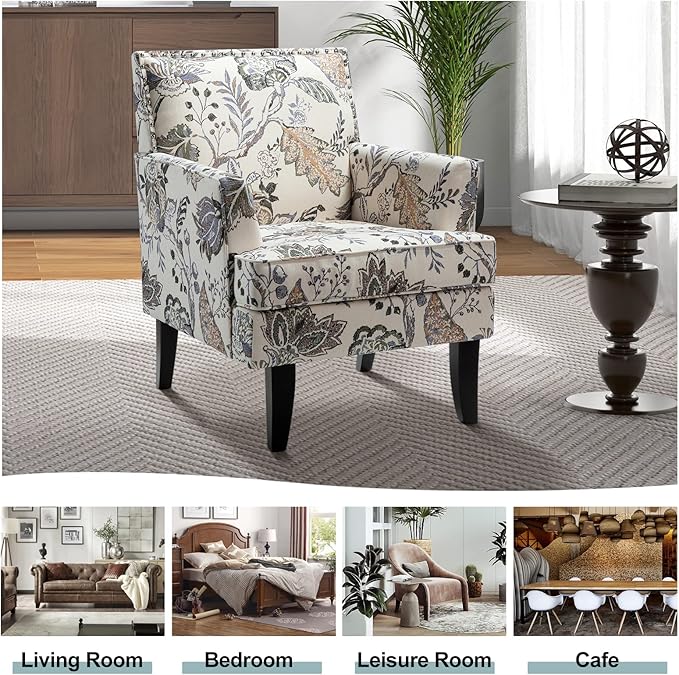 HULALA HOME Modern Accent Chair with Arms and Wooden Legs, Floral Patterned Accent Chair Armchair High Back Rest, Padded Armrest and Comfortable Cushioned Seat for Living Room (Orange Grey Floral)