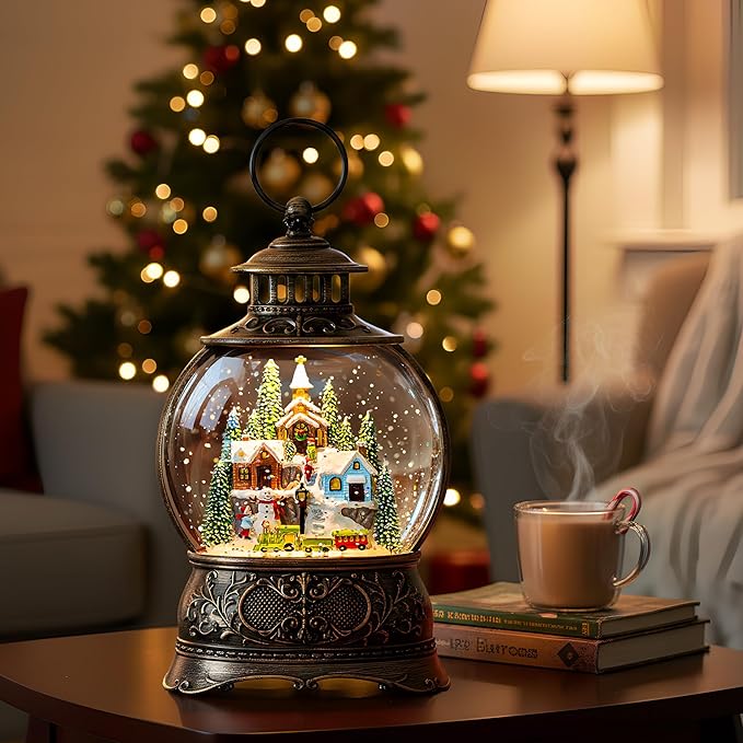 9.8" Christmas Snow Globe Water Lantern with Mountain Village and Train Scene Battery Operated or USB Powered Musical Lighted Holiday Decoration for Tabletop Display for Family and Friend