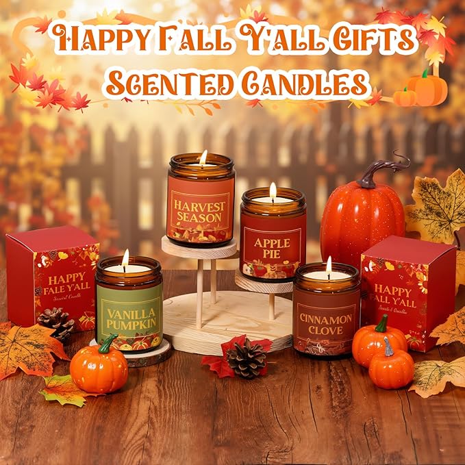 4 Pack Happy Fall Y'all Gifts Scented Candles Bulk 7 oz Soy Wax Autumn Fragrance Home Jar Candles Set with Gift Box 4 Harvest Scents for Fall Festival Thanksgiving Day Party Favors