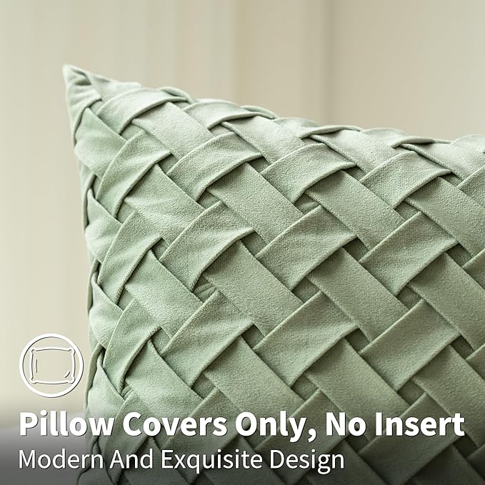 Velvet Decorative Throw Pillow Covers Set of 2, 18x18 Inch Soft Modern Weave Cushion Case, Farmhouse Home Decor Pillowcase for Sofa Living Room Couch Bed Sage Green