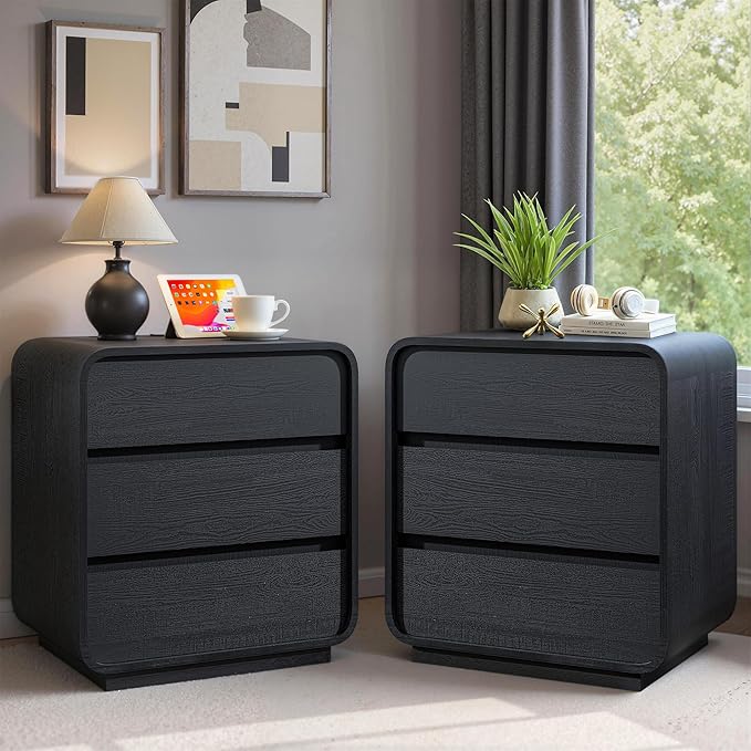 Black Night Stand Set of 2 with Charging Station, 25" Tall Wood Nightstand, Modern Dresser End Table with 3 Storage Drawers, Curved Profile, Mid Century Bedside Table for Bedroom Office