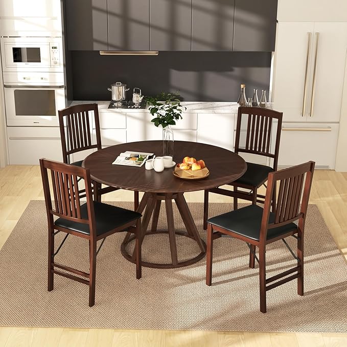 COSTWAY Folding Dining Chairs Set of 4, Wooden Kitchen Side Chairs w/Padded Seat, Solid Wood Frame, 400 LBS Load Bearing, No Assembly Needed, Vintage Foldable Chairs for Dining Room, Living Room