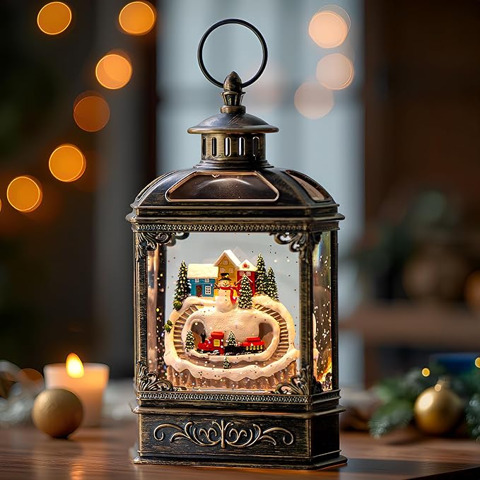 Christmas Village Snow Globe Lantern Musical Lighted Mountain Village Snowman & Train Water Lantern in Swirling Glitter, Christmas Home Decoration and Gift, Battery Operated or USB Powered