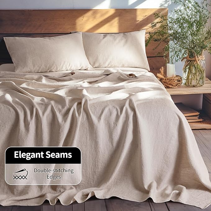 LBRO2M 100% Linen Sheet Set 19" Deep Pocket King Size,Bed Sheets 4 Piece Sets,Solid Color Natural Flax Bed Sheets Soft Breathable Bedding, All Season (King, Linen)