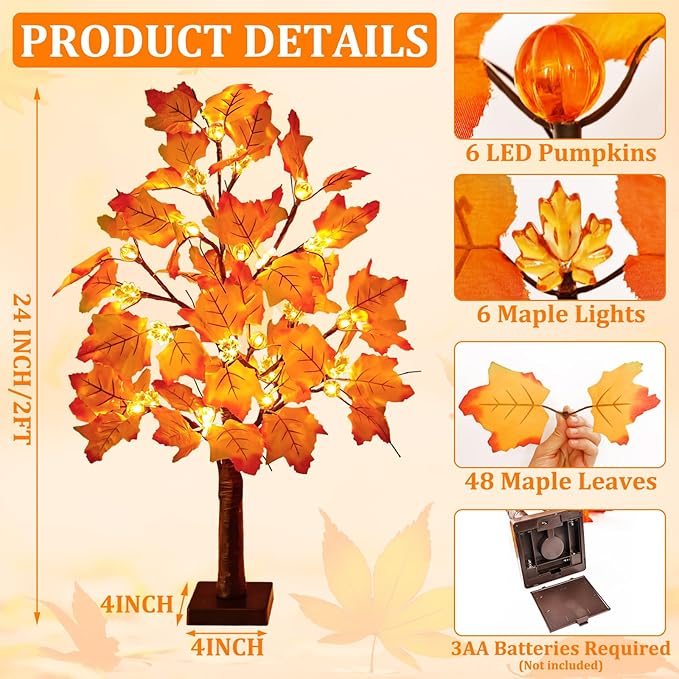 2 Pack 24 Inch Lighted Fall Maple Tree for Fall Decorations with 48 LED Timer Battery Operated Artificial Fall Light up Trees for Home Indoor Outdoor Autumn Harvest Thanksgiving Table Decor