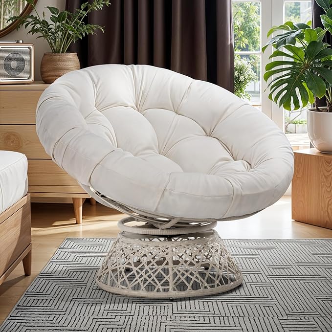 Bme 40" Ergonomic Wicker Papasan Chair with Soft Thick Density Fabric Cushion, High Capacity Steel Frame, 360 Degree Swivel for Living, Bedroom, Reading Room, Lounge