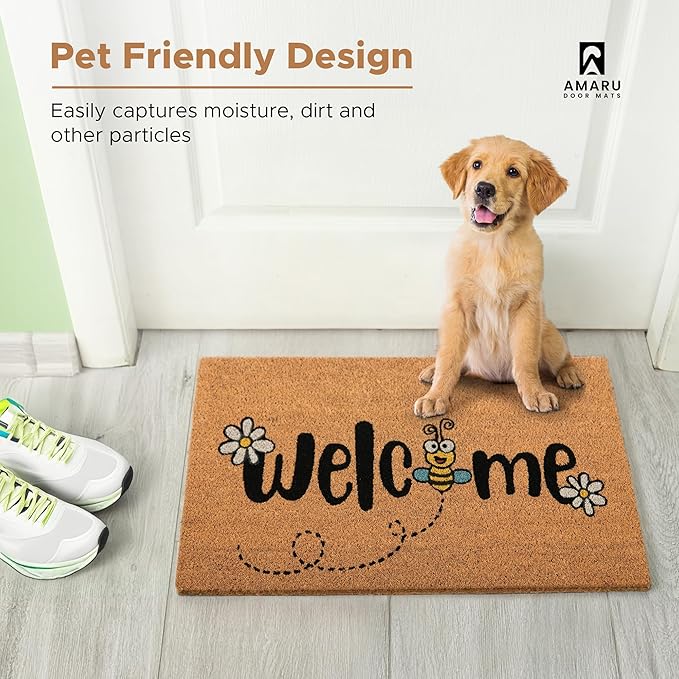 Bee - 17"x29" - Coir Door Mat with Heavy Duty Backing - Welcome Mats for Entryway, Porch - Anti-Slip PVC & Coconut Fiber Surface - Natural Home Accessories, Minimalist Original Design
